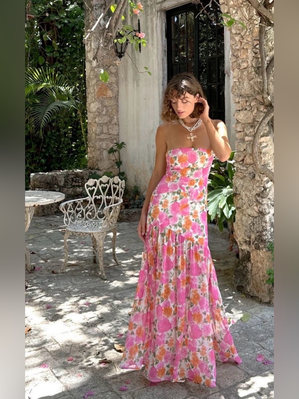 Floral Strapless Pink & Orange Maxi Dress